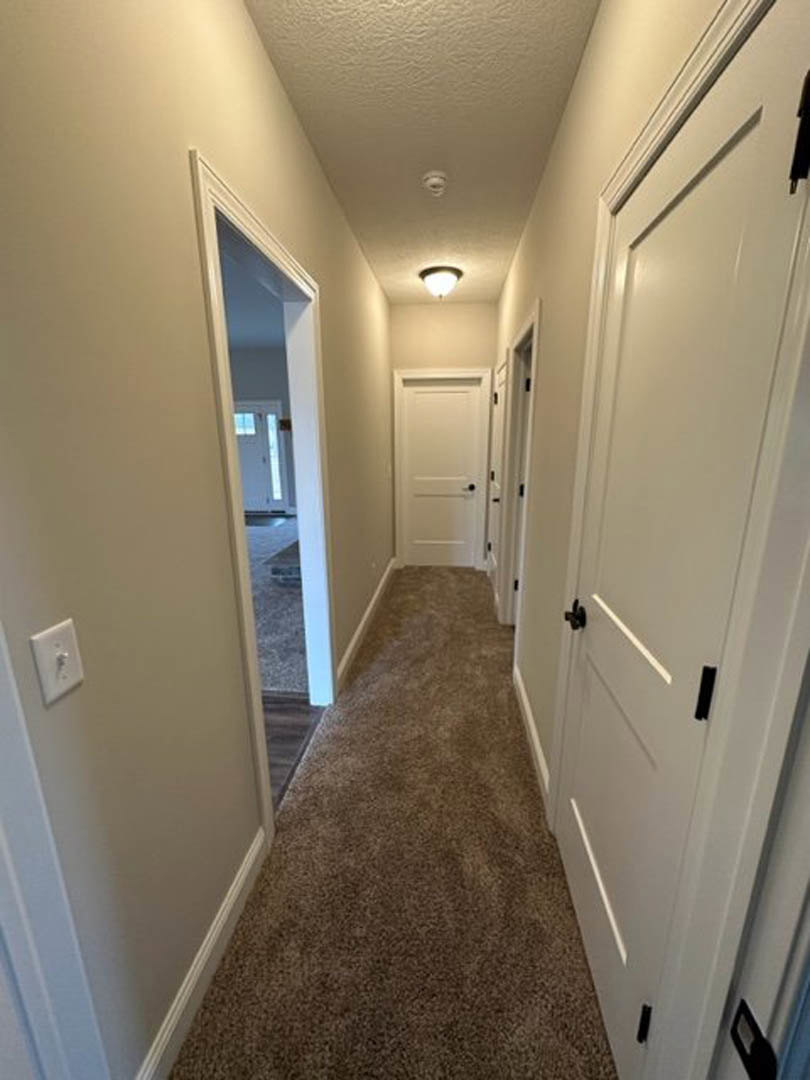Hallway with light gray carpet, multiple white paneled doors featuring black handles, white walls, and a visible light switch