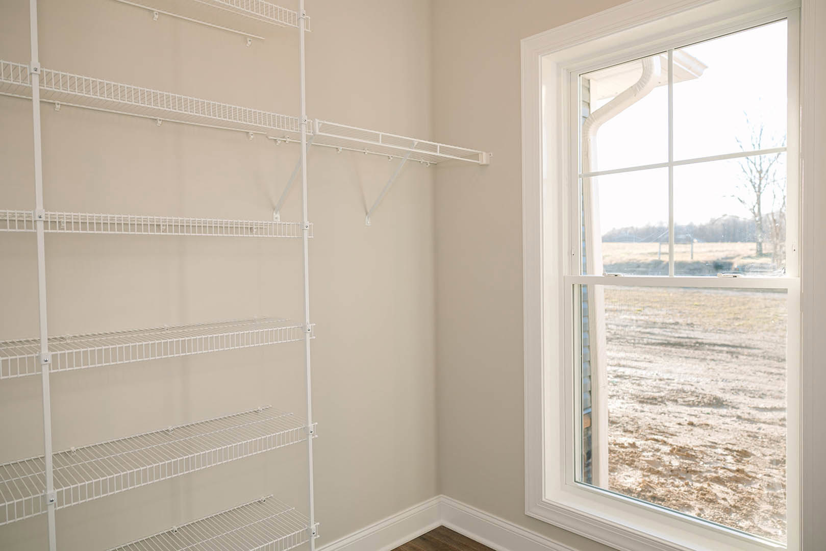 White-framed window overlooking a dirt field, wall-mounted white metal shelves, neutral painted walls, indoor tree visible through glass
