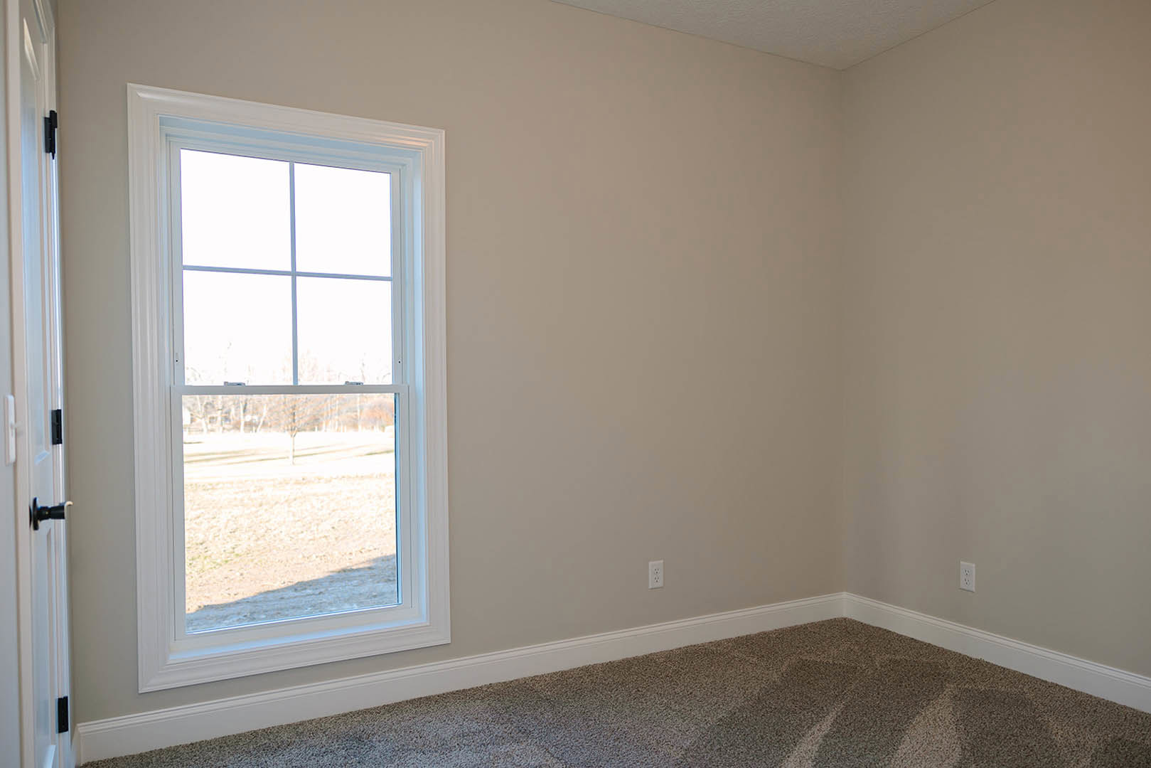 Carpeted bedroom with white walls, large window overlooking grassy field, simple ceiling molding, and close-up of brushed metal door knob