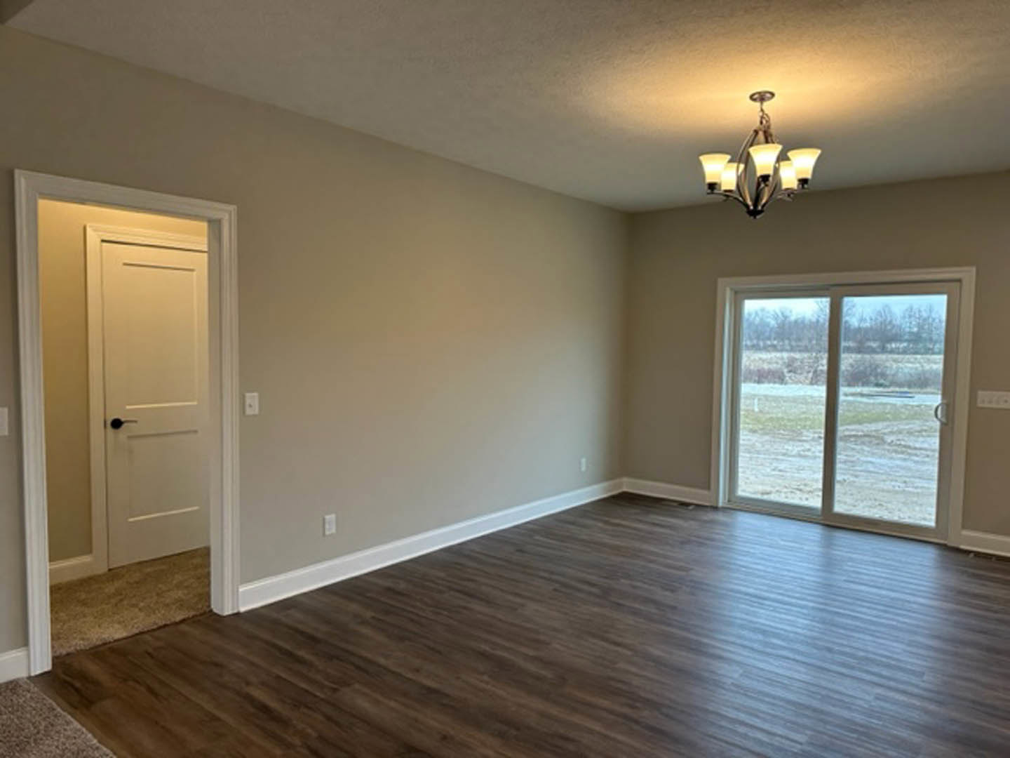 Room with wood flooring, white door with black handle, sliding glass door opening to grassy field, five-light ceiling fixture, carpeted area visible in foreground