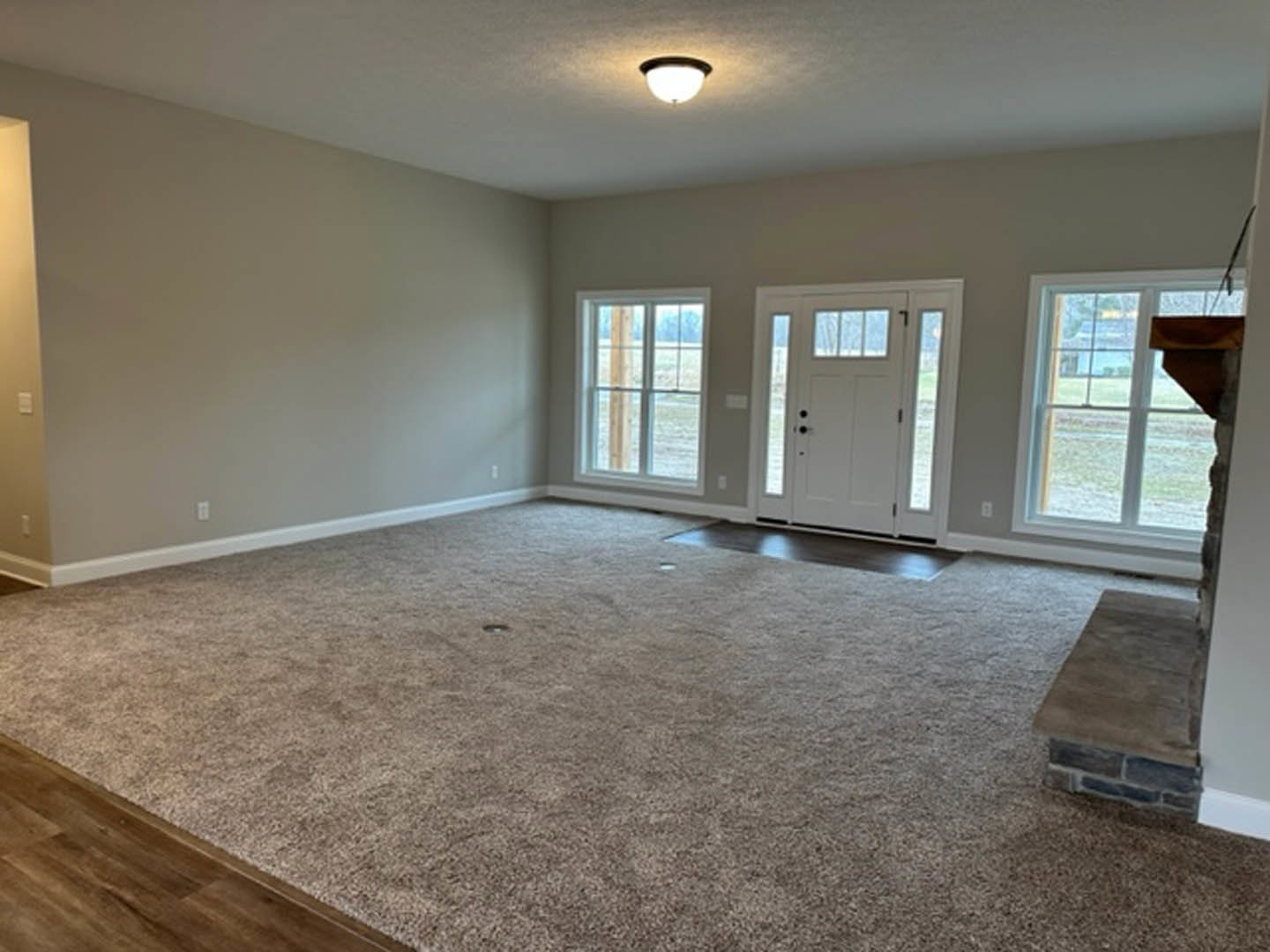 Living room with carpet flooring, white door featuring glass panels, large window overlooking outdoors, stone accent wall, ceiling-mounted light fixture