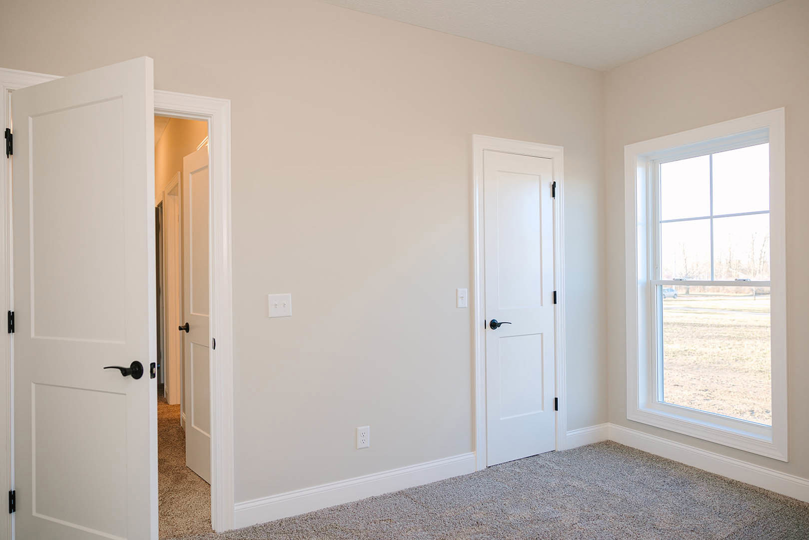 Carpeted room with white walls and trim, two white doors with black handles, window overlooking grassy field, white light switch on wall