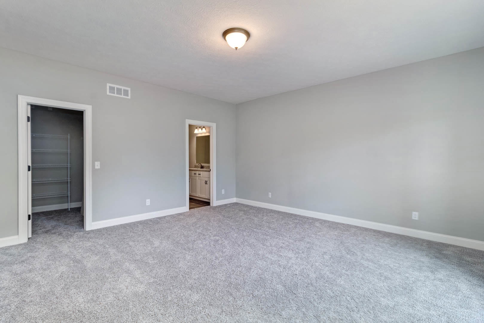 Bathroom with white sink and large mirror, wood cabinet below, carpeted floor, paneled door, ceiling light fixture, pale plaster walls with crown molding