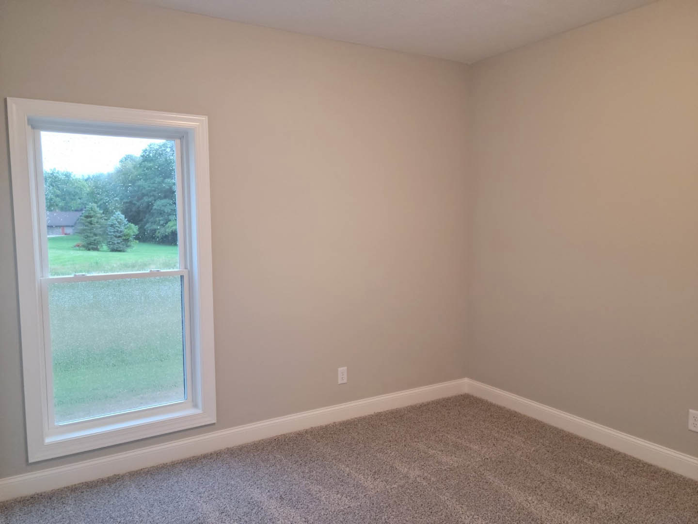 Carpeted room with white walls and large window overlooking green trees and grass