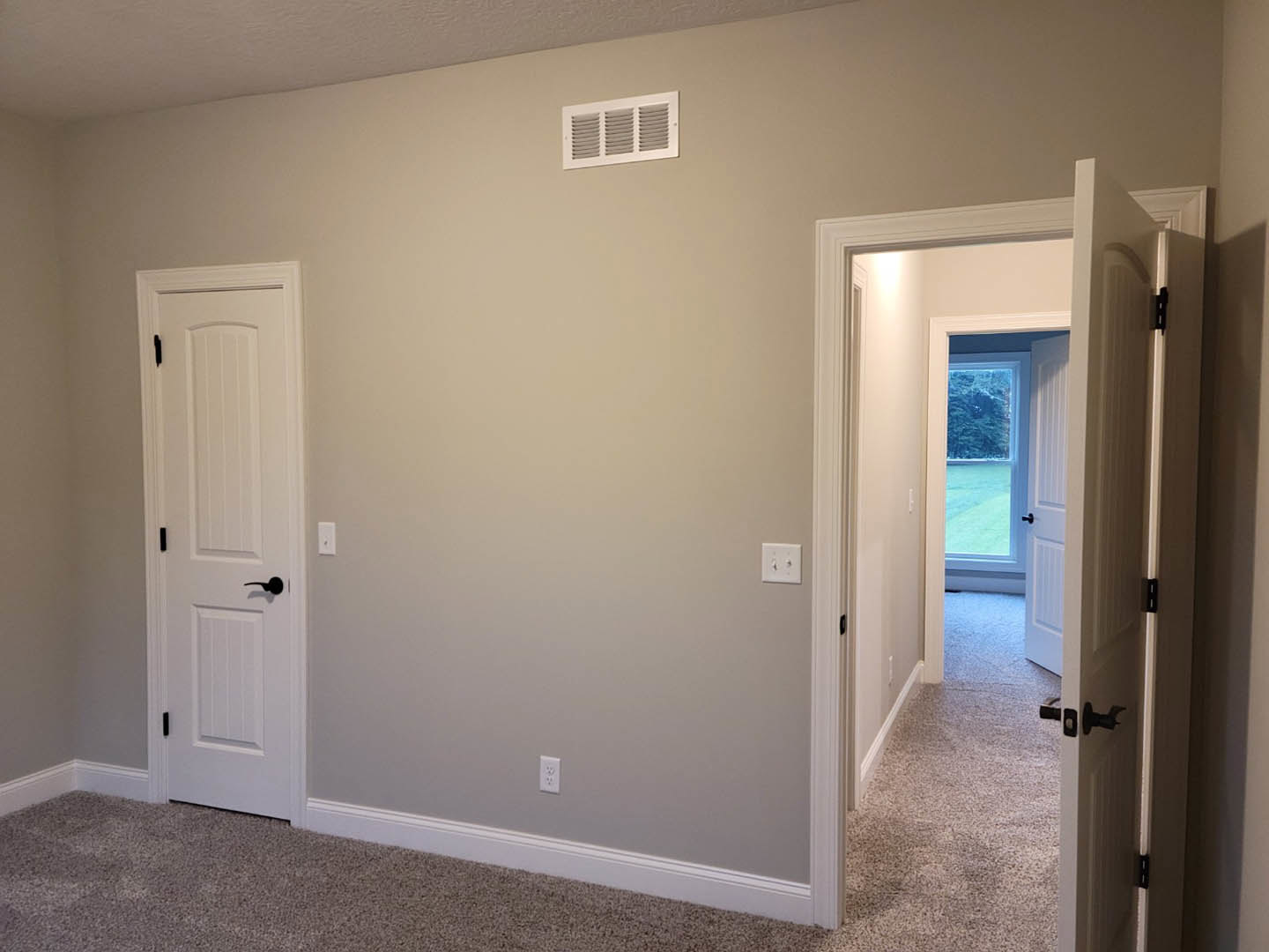 Carpeted room with two white paneled doors, wall vent, and light switch; close-up of door hinge and handle visible