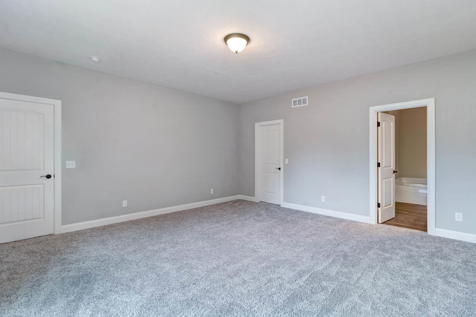 White paneled door with black handle opening into carpeted room, light fixture on white ceiling, glimpse of bathtub through doorway