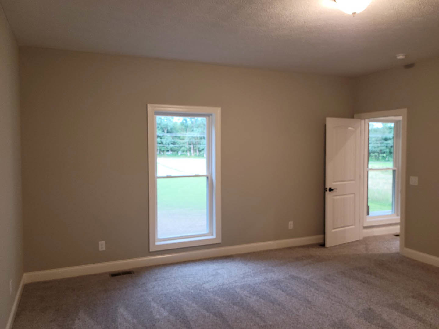 Carpeted room with white paneled door, large windows framed by white trim, neutral plaster walls, and ceiling light fixture