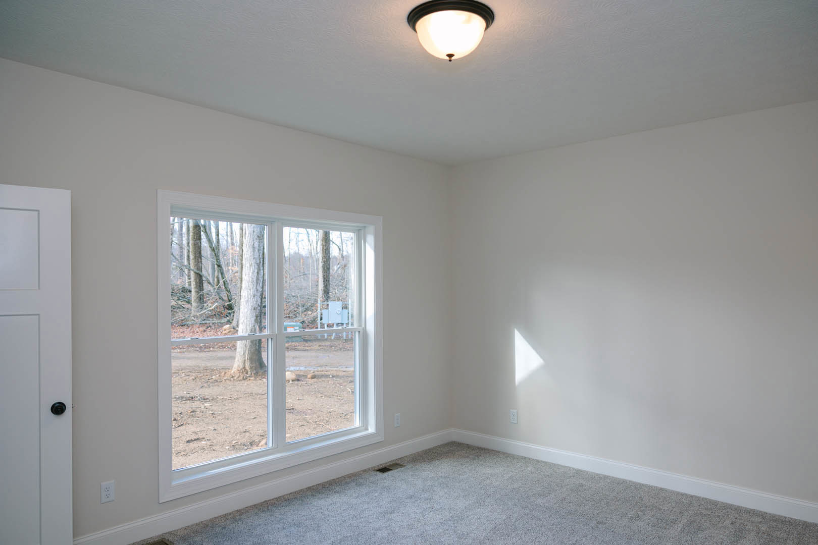 Carpeted bedroom with large window overlooking trees, white walls, ceiling light fixture, and simple baseboard molding