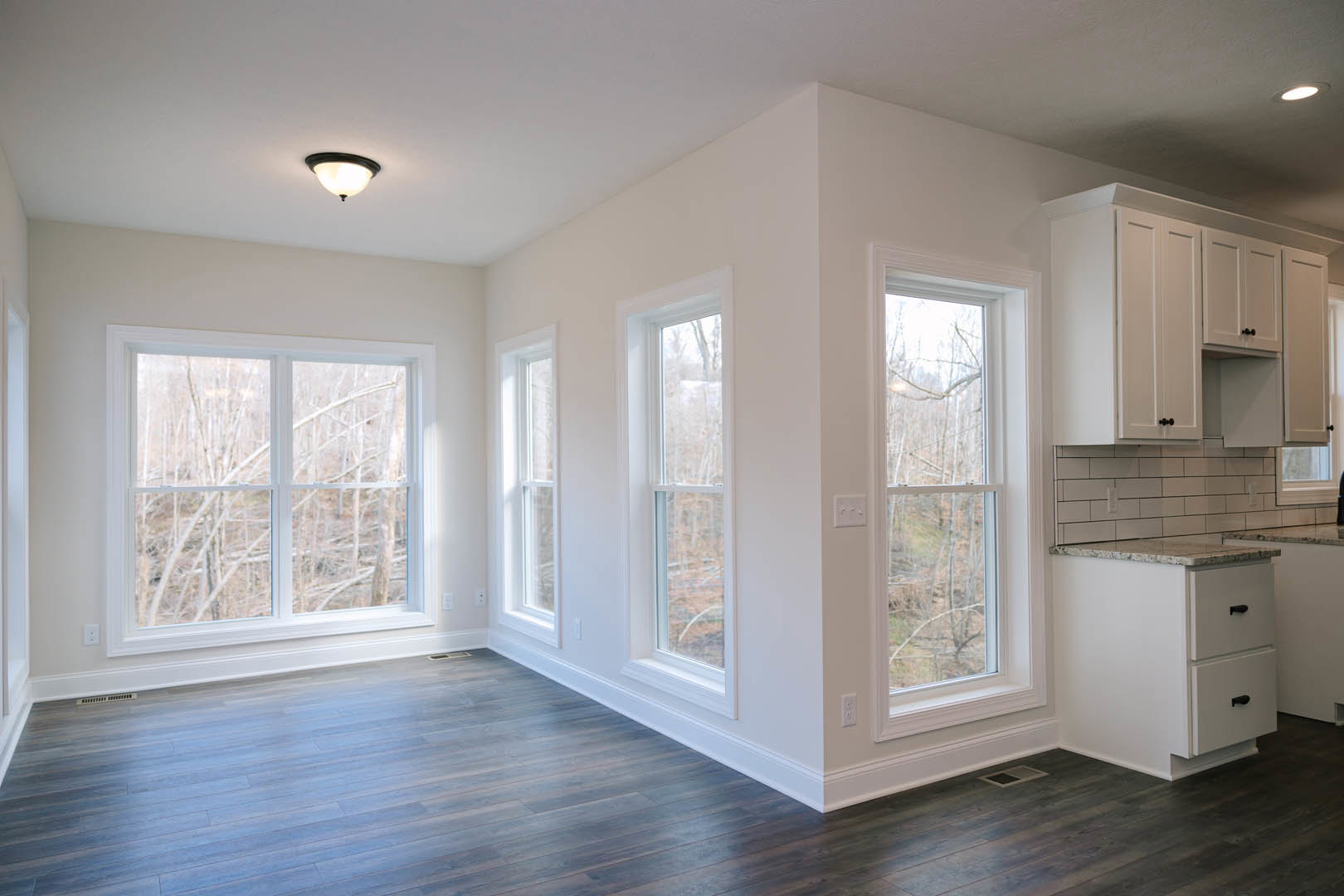 Kitchen with white walls, wood flooring, white cabinetry with drawers, ceiling light fixture, and windows showing trees outside