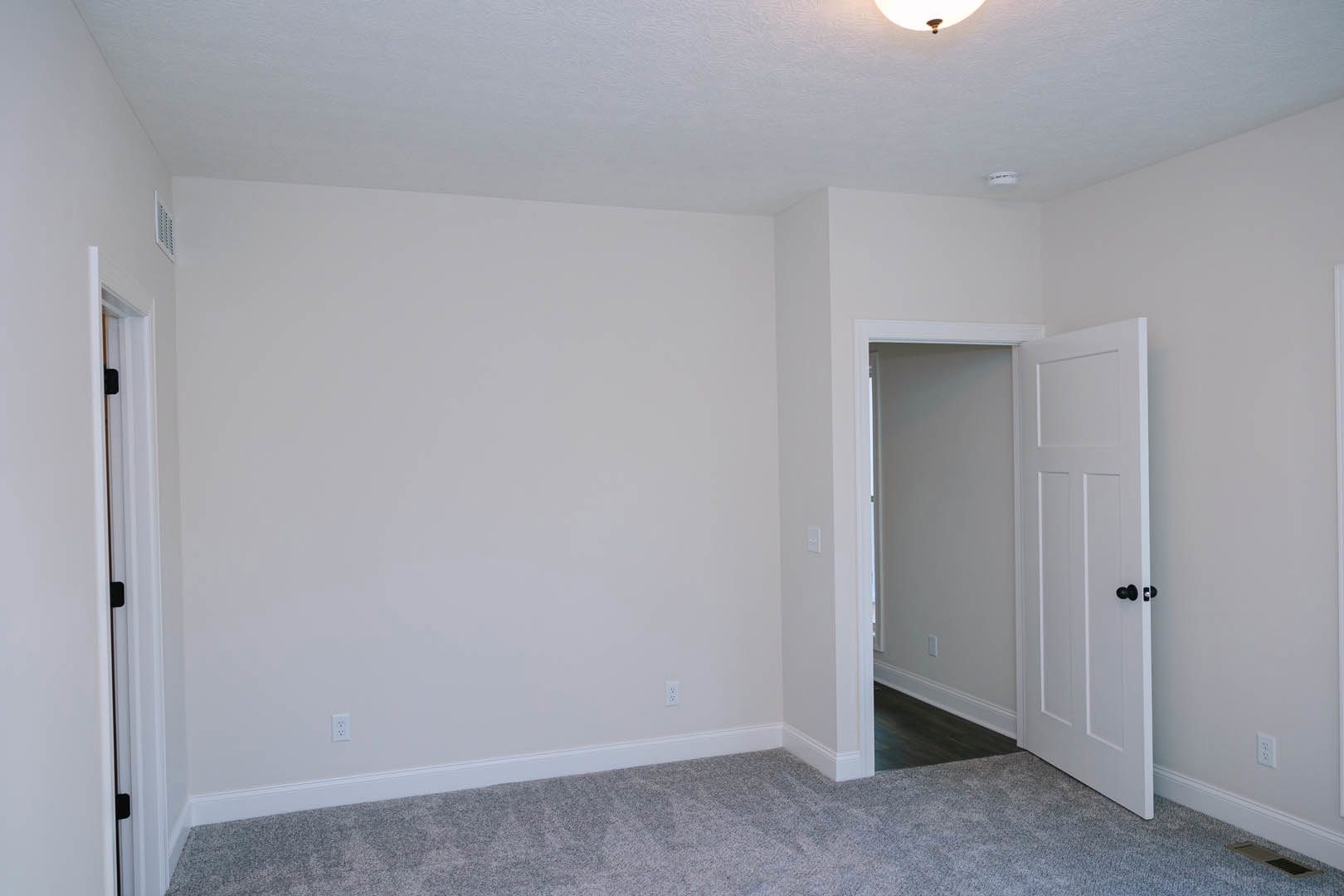 White paneled door open to carpeted room with white baseboards and smooth plaster walls