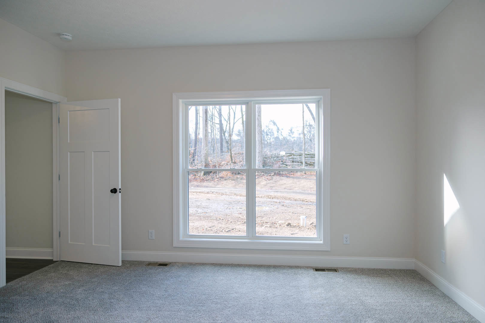 Carpeted bedroom with white walls, large window framed in white trim, door with silver handle, and view of green trees outside