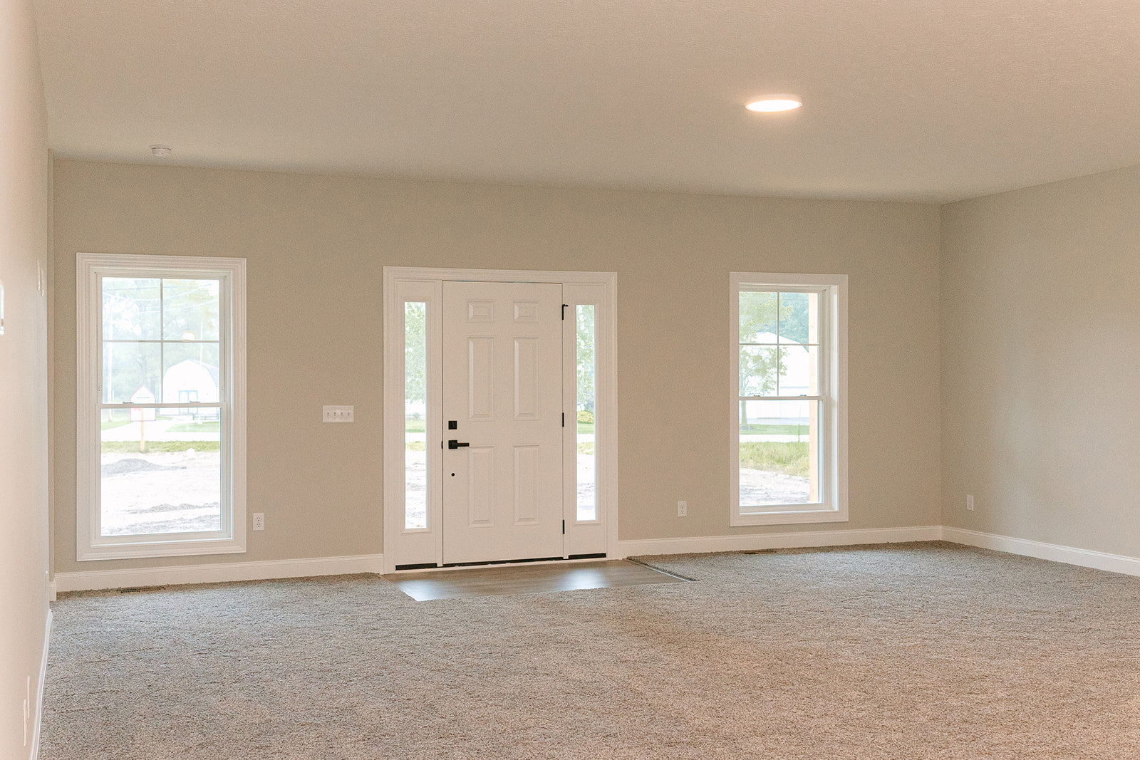 Bright room with white paneled door featuring glass inserts, large windows overlooking landscaped yard, neutral carpet flooring, smooth white walls, and modern trim detailing