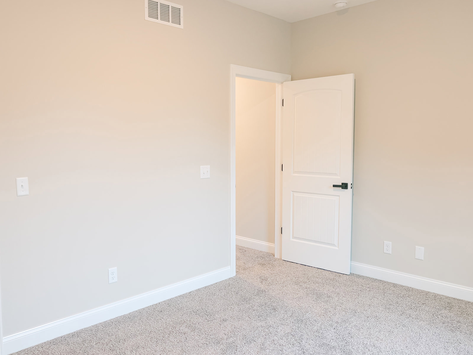 White paneled door with black handle and matching white frame, carpeted floor with white baseboard trim, wall featuring electrical outlets, ceiling vent visible above.