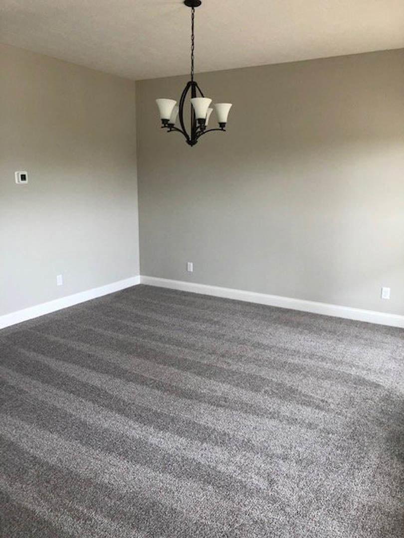Modern chandelier with glass accents hanging from a chain on a white plaster ceiling, grey carpet flooring, white walls, and a black square wall feature