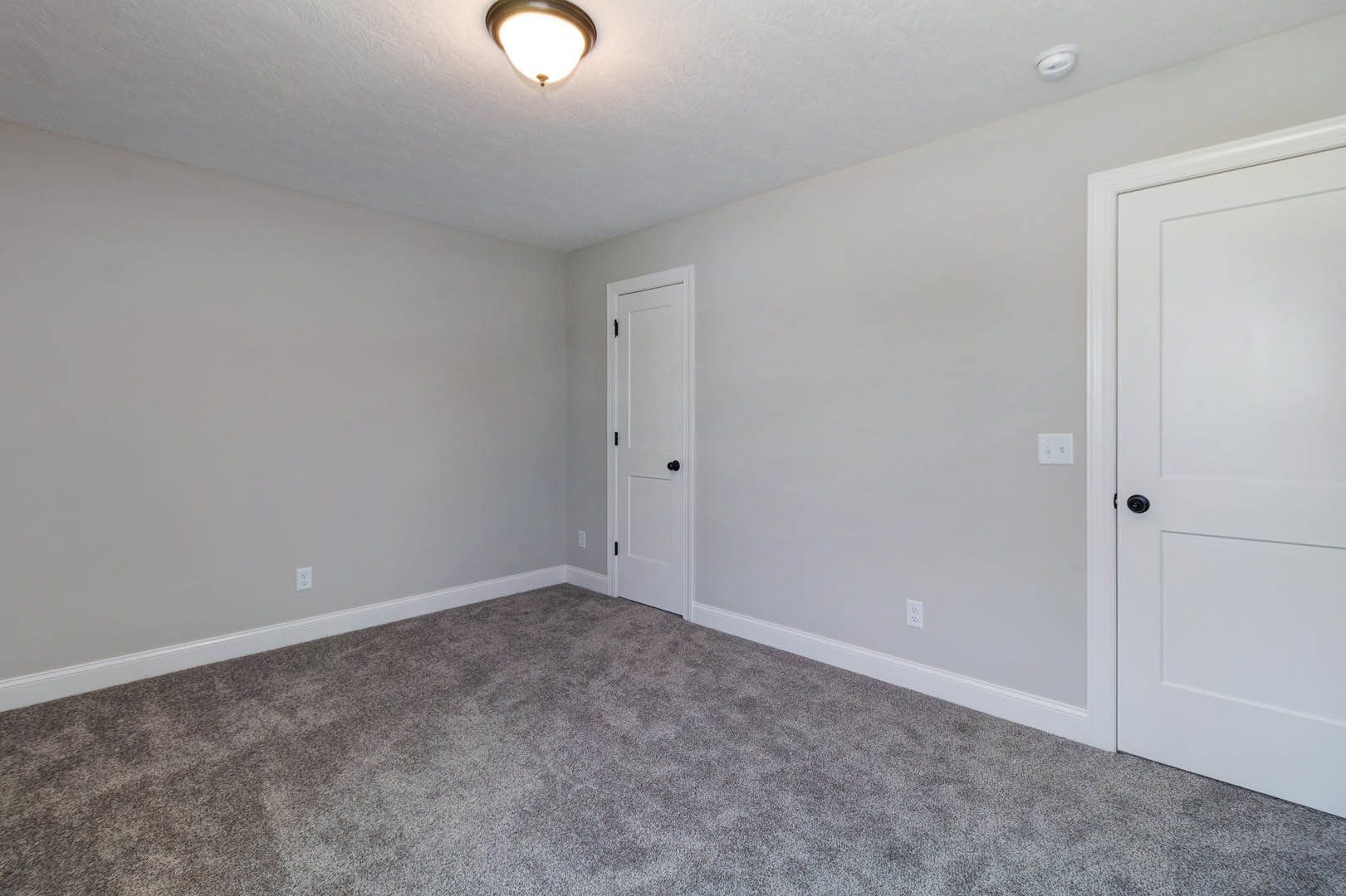 White paneled door with black knob opening into a carpeted room, light fixture mounted on smooth ceiling, neutral painted walls with simple base molding