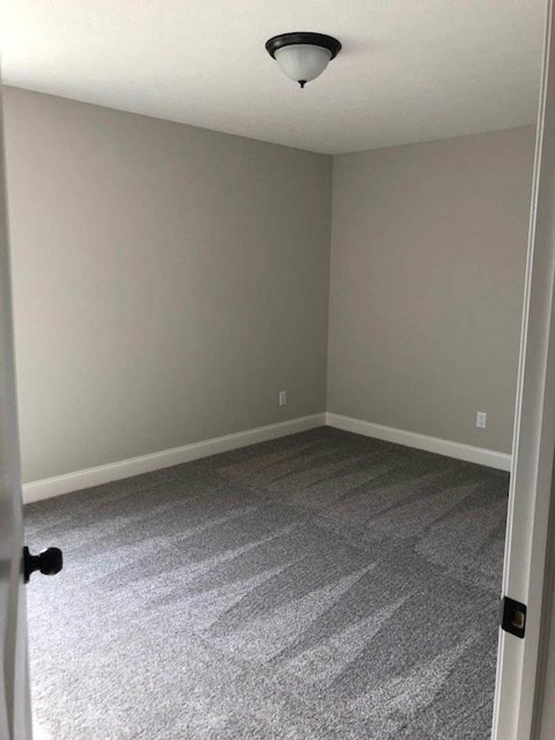 Open white door leading into a room with grey carpet flooring, smooth plaster walls, and a modern ceiling light fixture.
