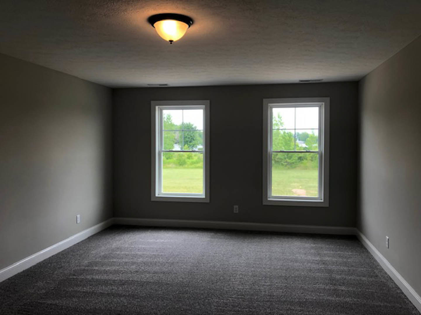 Bright carpeted room with two large windows, white walls, ceiling fixture, and views of grassy field and trees.