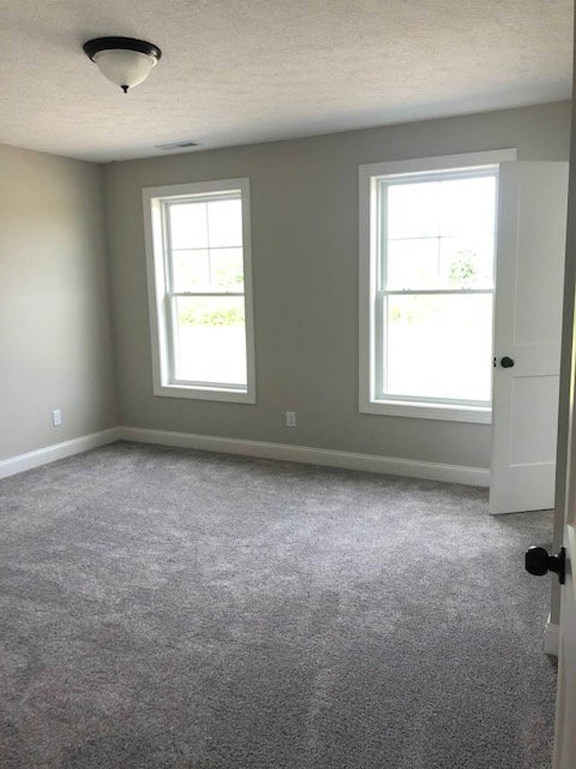 Bright room with two white-framed windows, grey carpet flooring, white walls, and ceiling light fixture