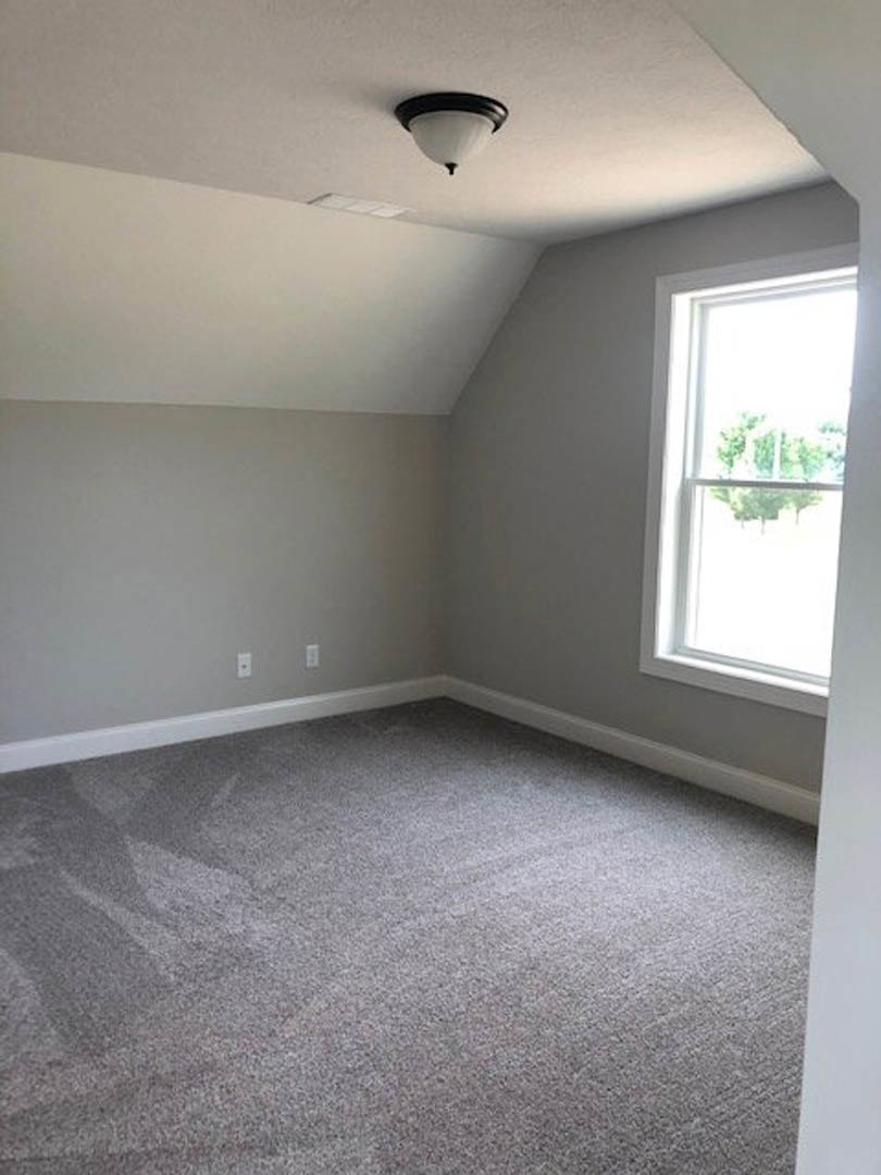 Carpeted room with white plaster walls, large window overlooking trees, ceiling fan, and laminate flooring near entry.