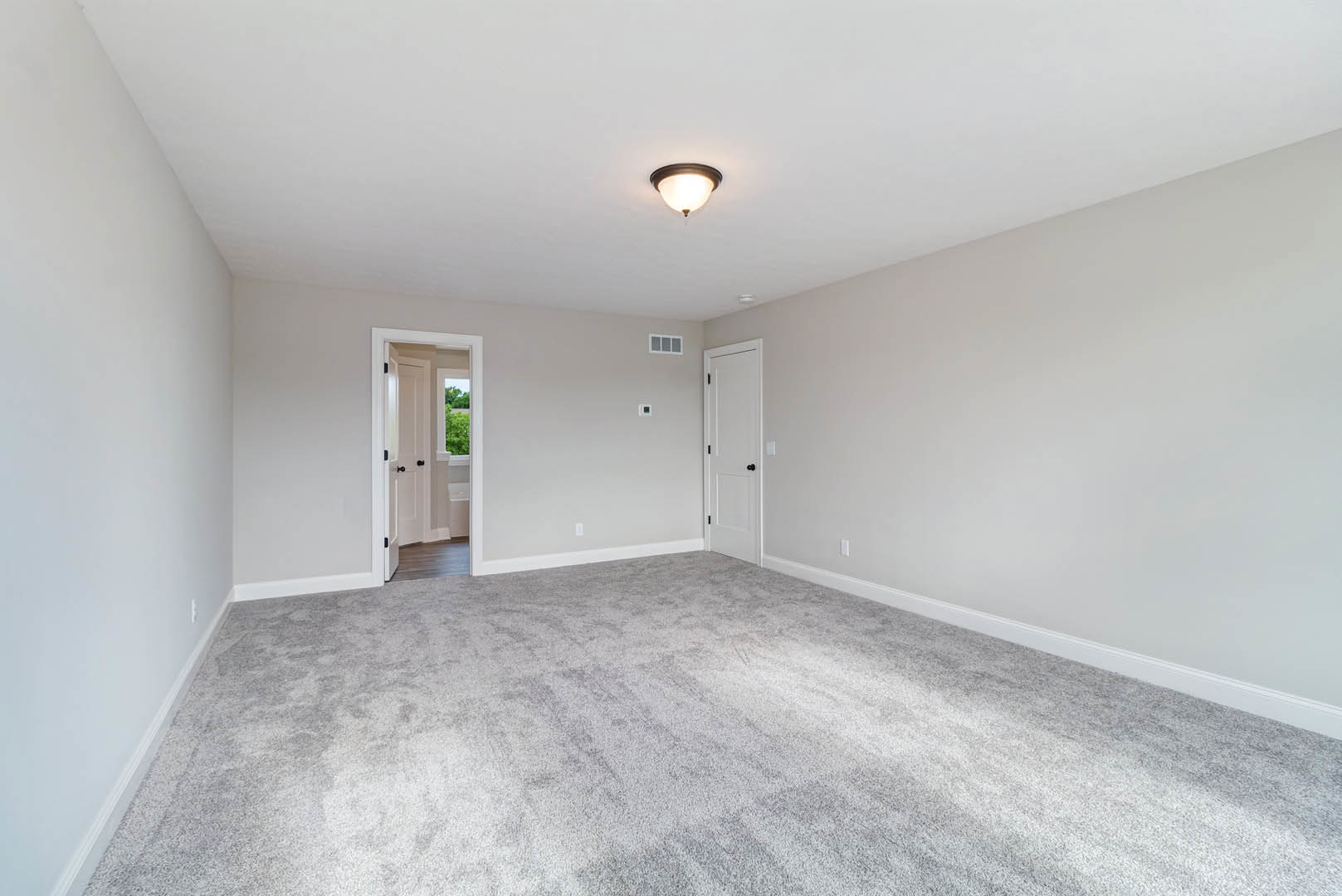 Carpeted room with white walls, ceiling-mounted light fixture, and white door featuring black knobs