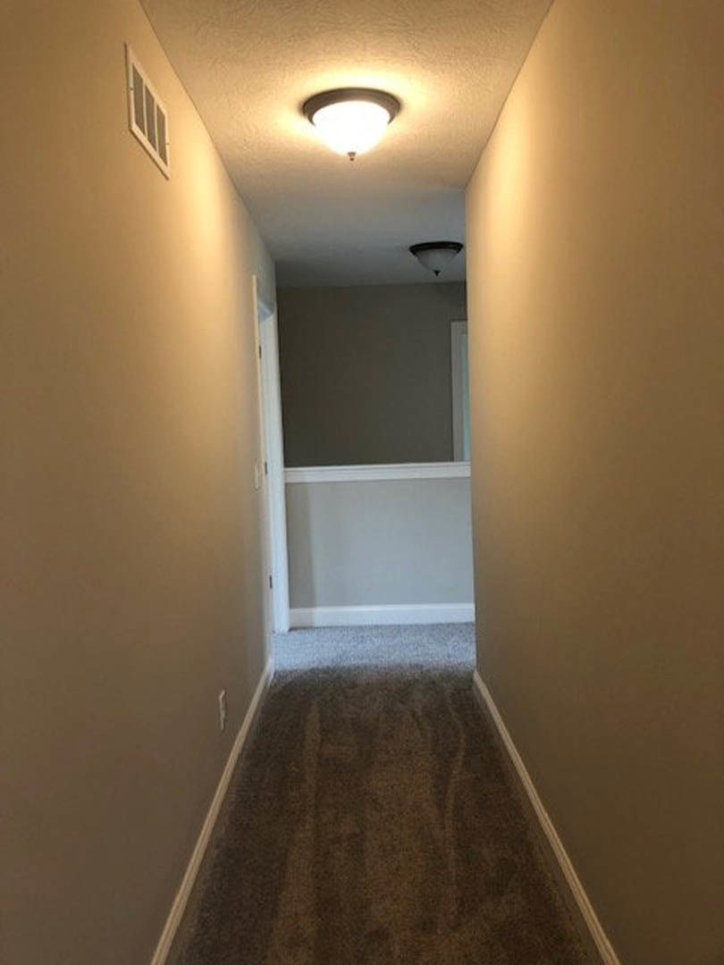 Carpeted hallway with white walls, ceiling light fixture, white door, wall vent, and white trim molding