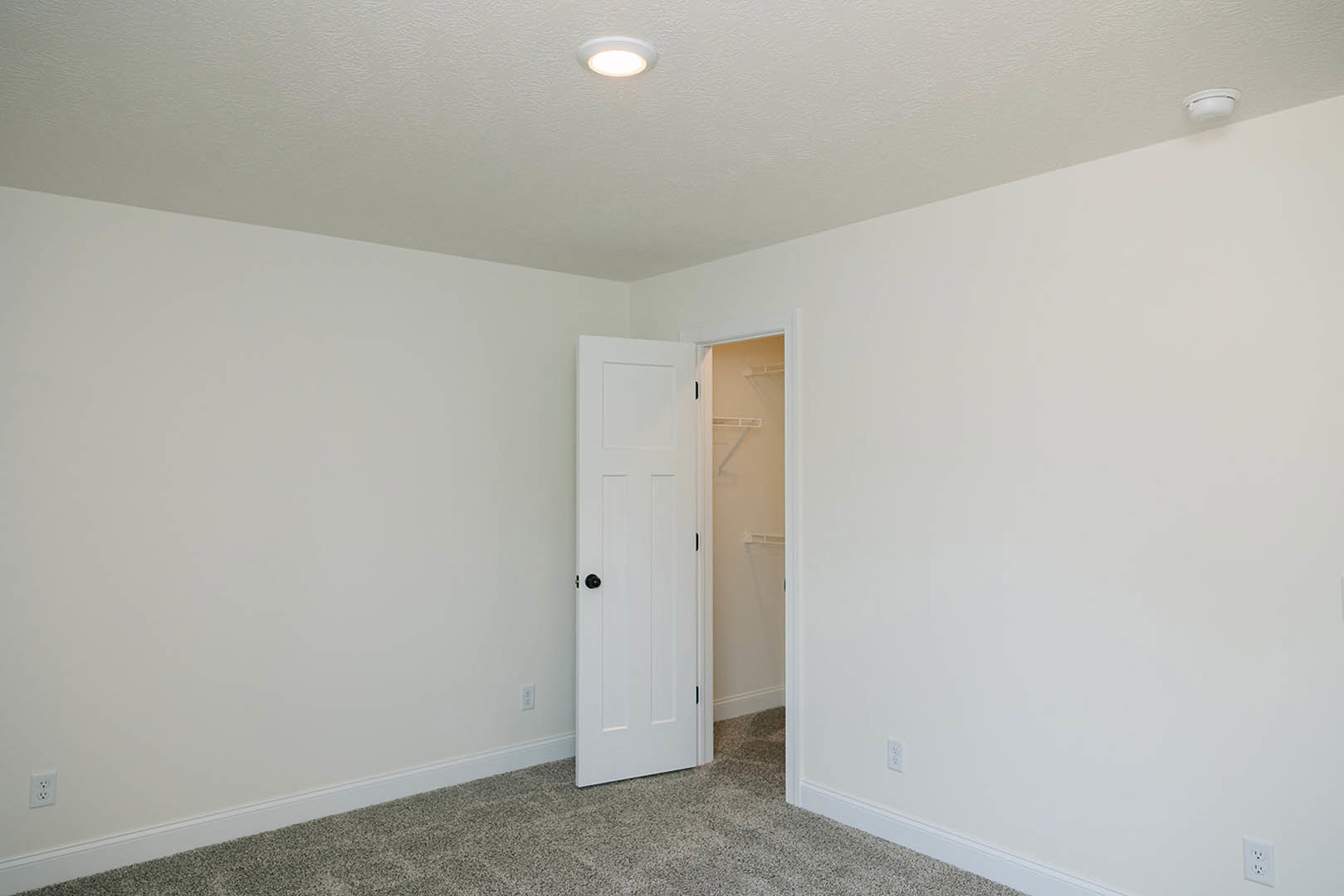 White paneled door with black knob open to a room with light-colored plaster walls, white door frame, ceiling light fixture, wall outlet, and wood flooring.
