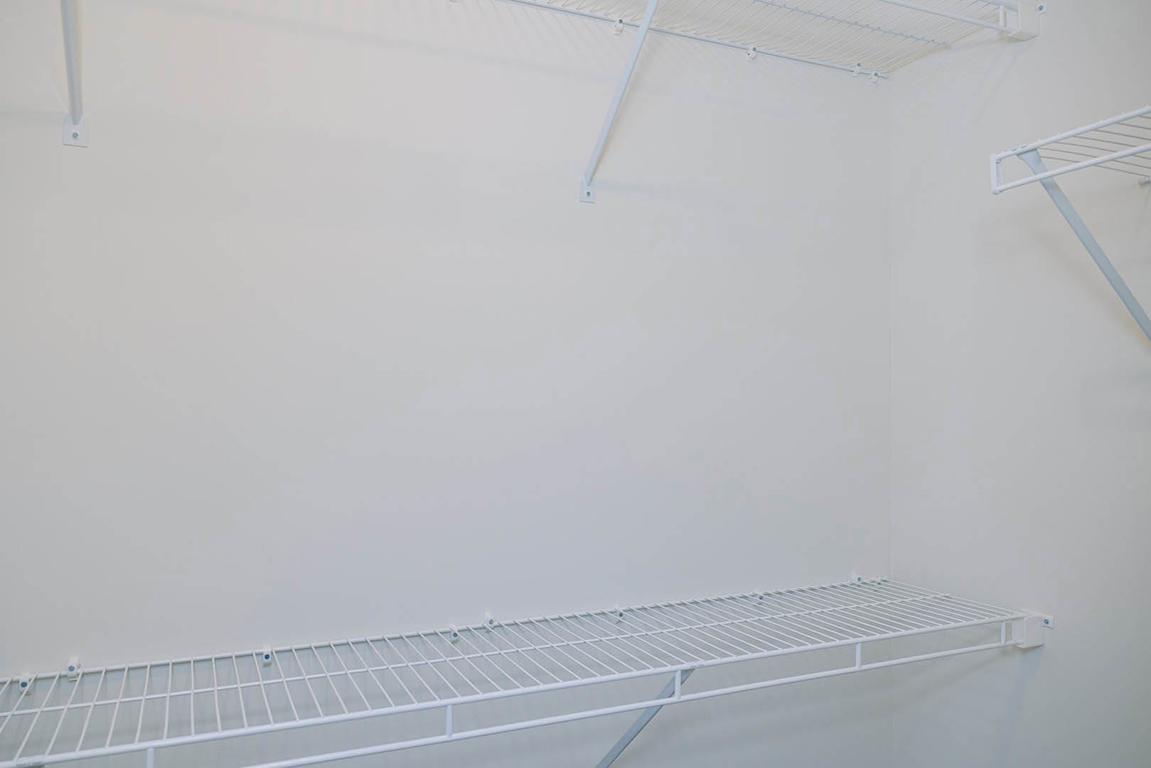 White closet interior with built-in shelves, white walls, and blue handles on shelving units.