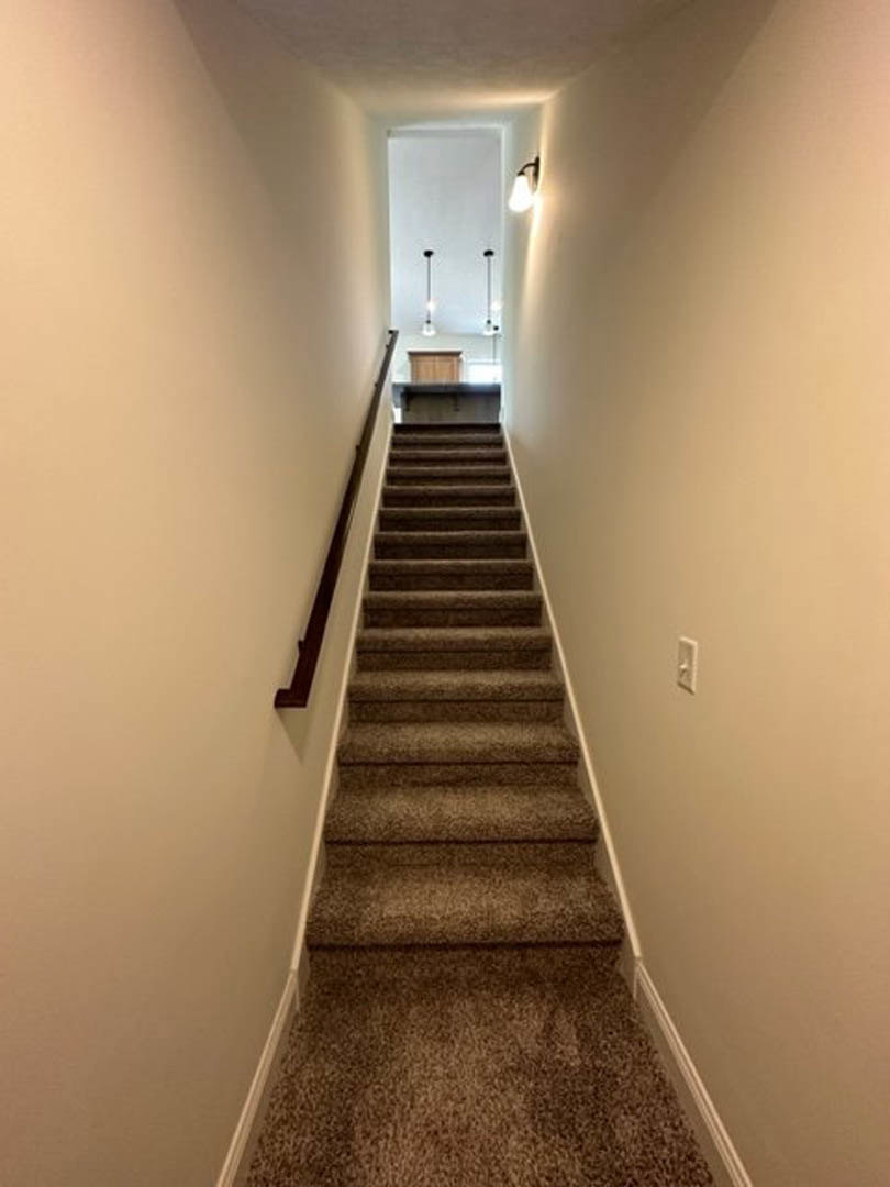 Carpeted staircase with black handrail and wall-mounted light fixtures against white plaster walls