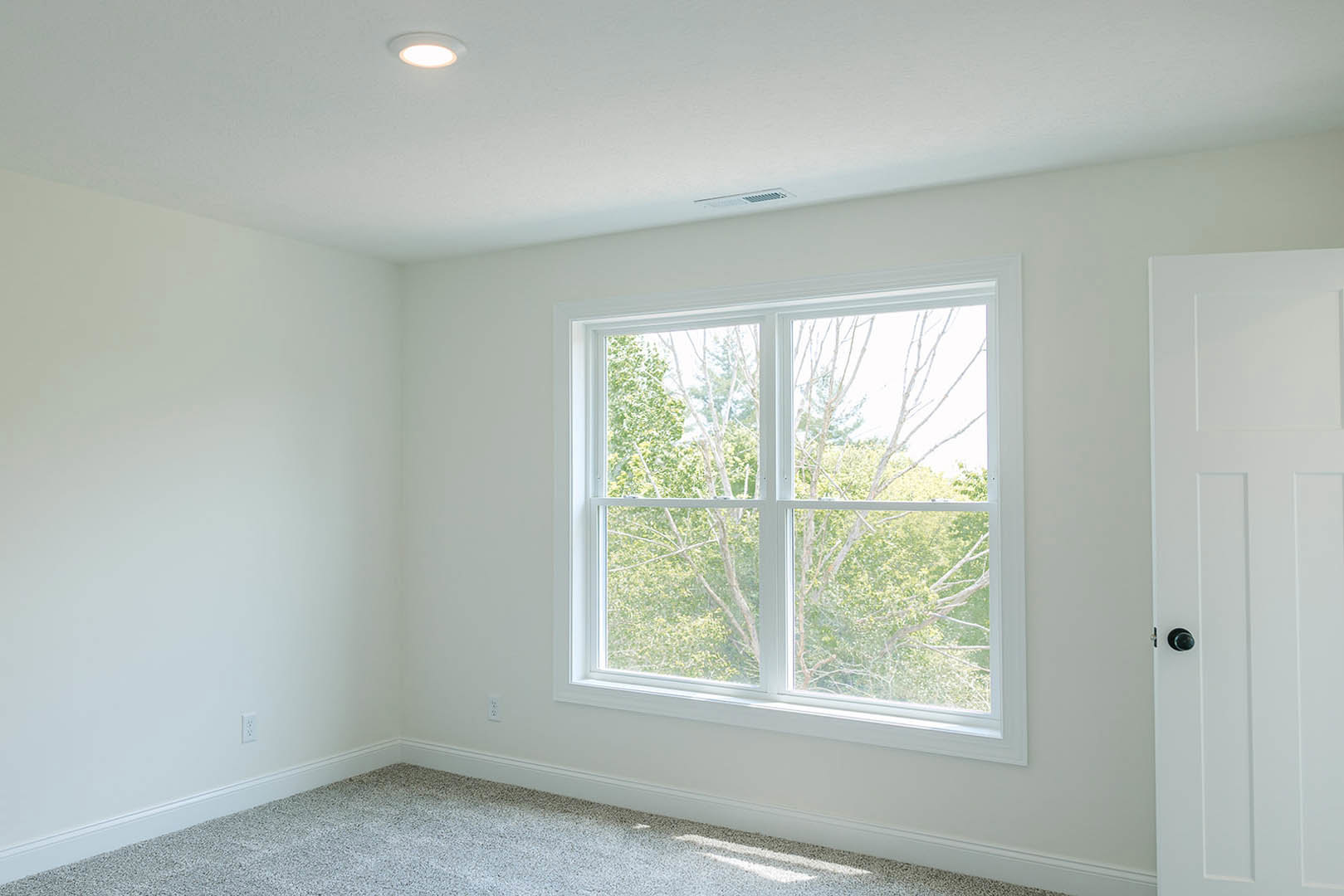 Carpeted bedroom with large window overlooking trees, white walls, ceiling light fixture, and visible light switch near door