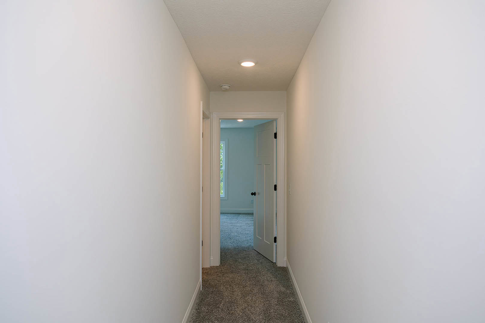 Hallway with beige carpet, white paneled door partially open, white plaster walls, wall-mounted light fixture, and smooth ceiling