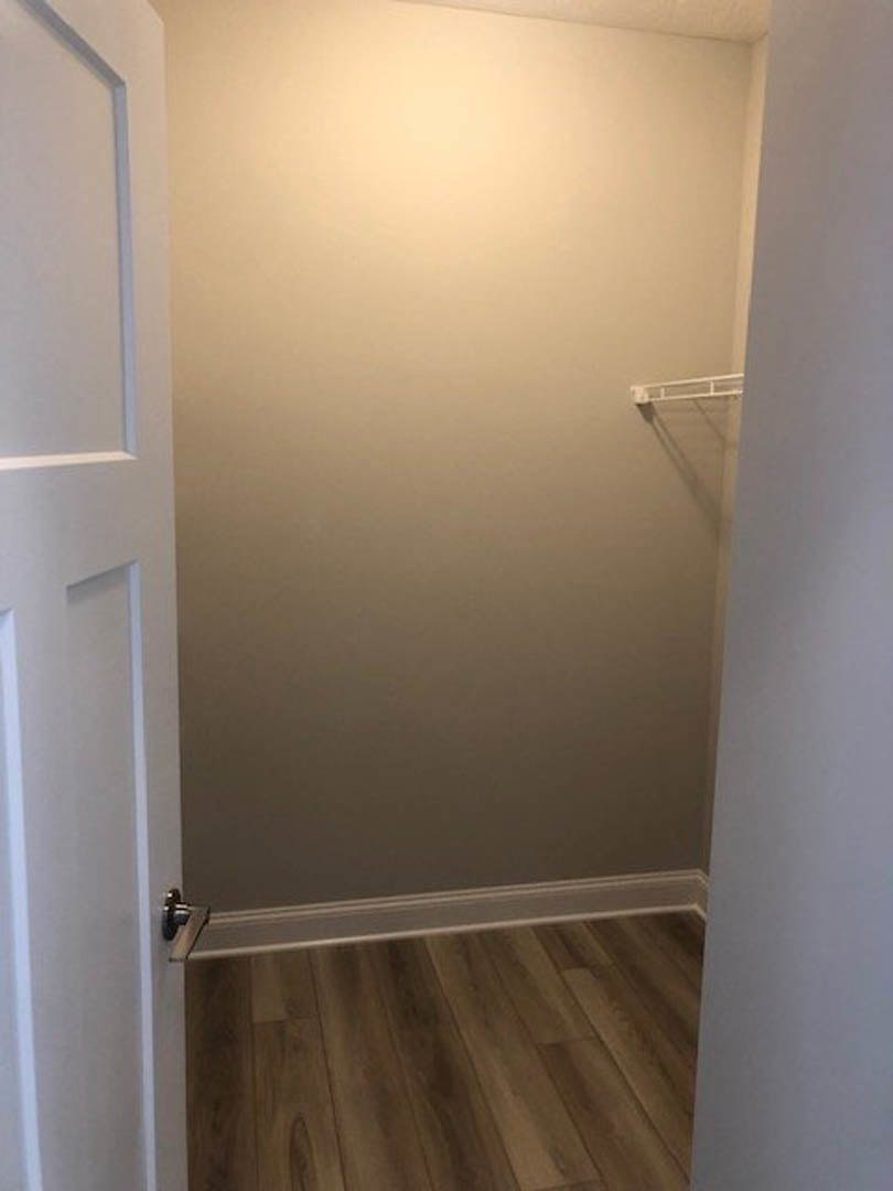 Walk-in closet with light wood flooring, white walls, built-in white shelving, and a ceiling-mounted light fixture
