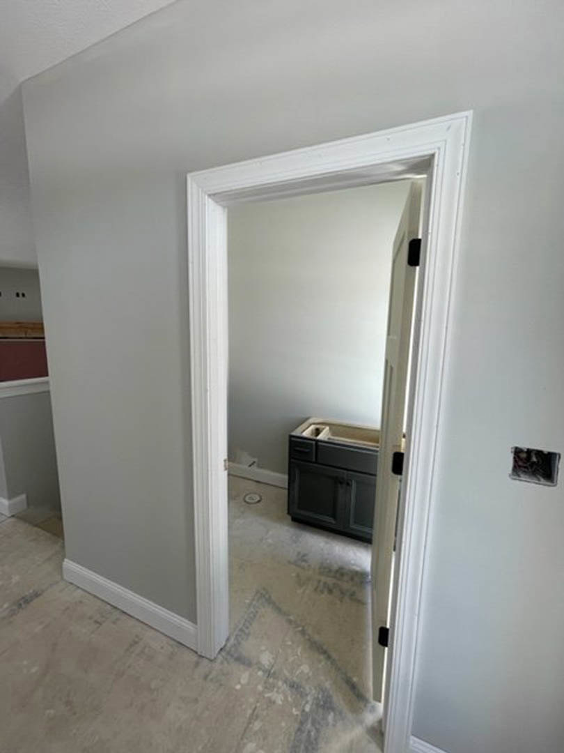 White paneled door opening into a bathroom with light plaster walls, wood flooring, and a modern sink set in a white cabinet.