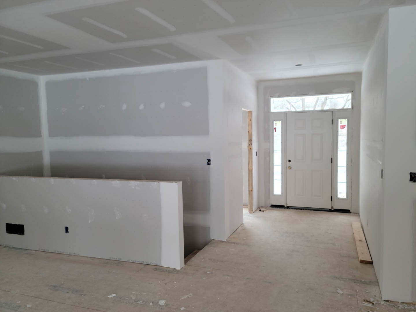 White walls and ceiling, light wood flooring, white door with glass panels, black rectangular fixture, perforated white board leaning against wall.