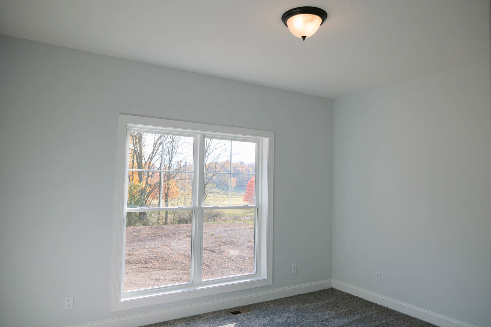 White plaster walls, large window with view of green field and trees, modern ceiling light fixture, vent near floor, neutral finishes
