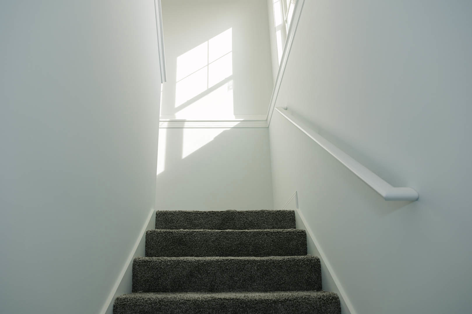 Carpeted staircase with white walls and white handrail, natural daylight from nearby window.