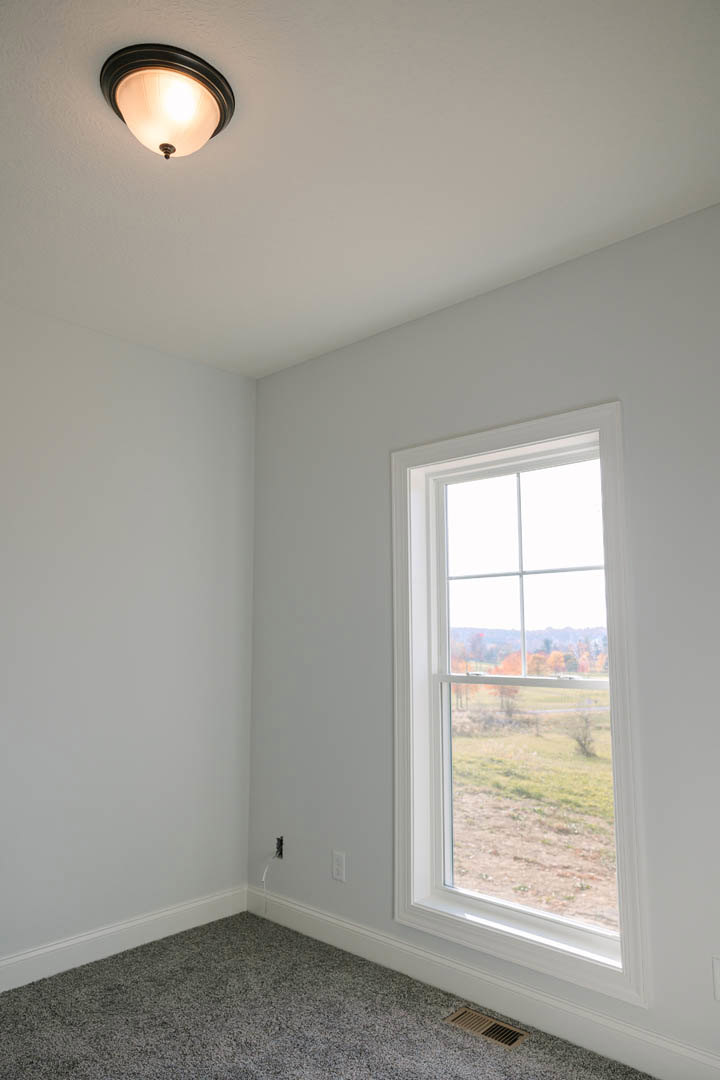 Carpeted room with white walls, ceiling light fixture, large window overlooking grassy field