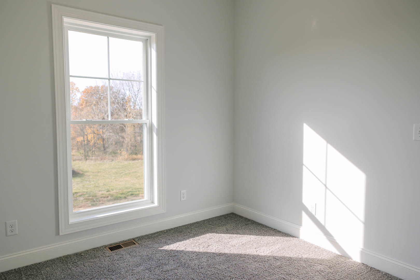 Bright room with white walls, large window with trees visible outside, beige carpet flooring, ceiling vent, electrical outlet, and sunlight reflecting off the window onto the wall