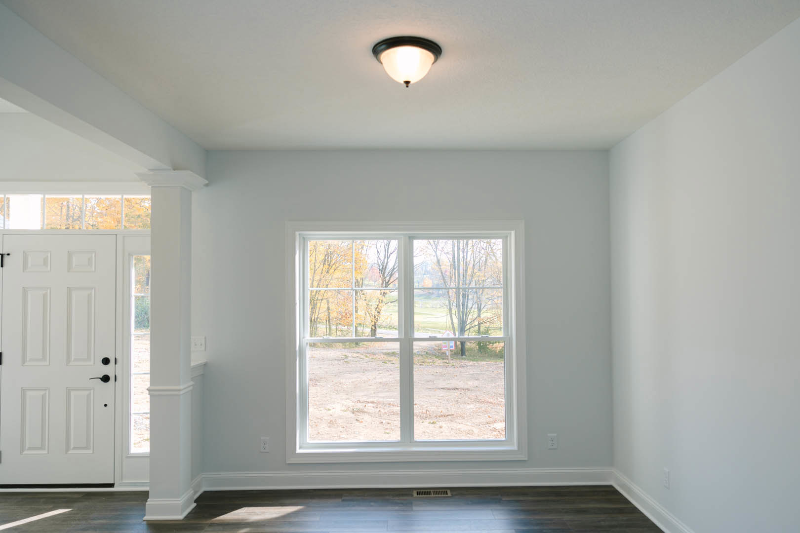 Sunlit room featuring wide-plank wood flooring, white walls with crown molding, large window overlooking trees, modern light fixture, and white door with black handles.