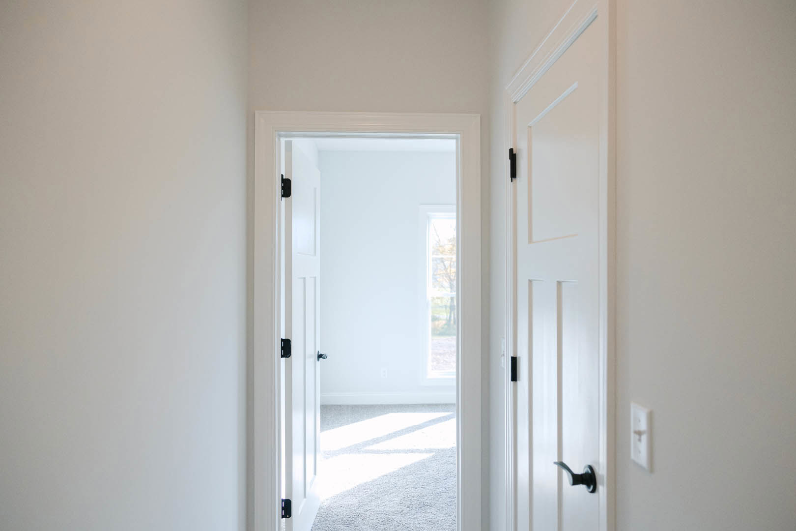 Hallway with white painted walls, multiple white doors, light-colored carpet flooring, and a door handle visible.