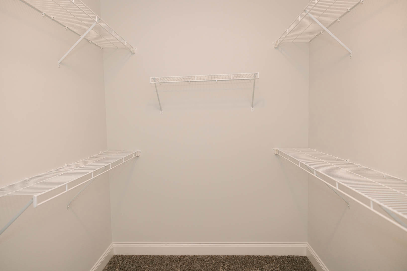 White closet with built-in shelves, metal rods, recessed lighting, carpeted floor, and smooth plaster walls with crown molding.
