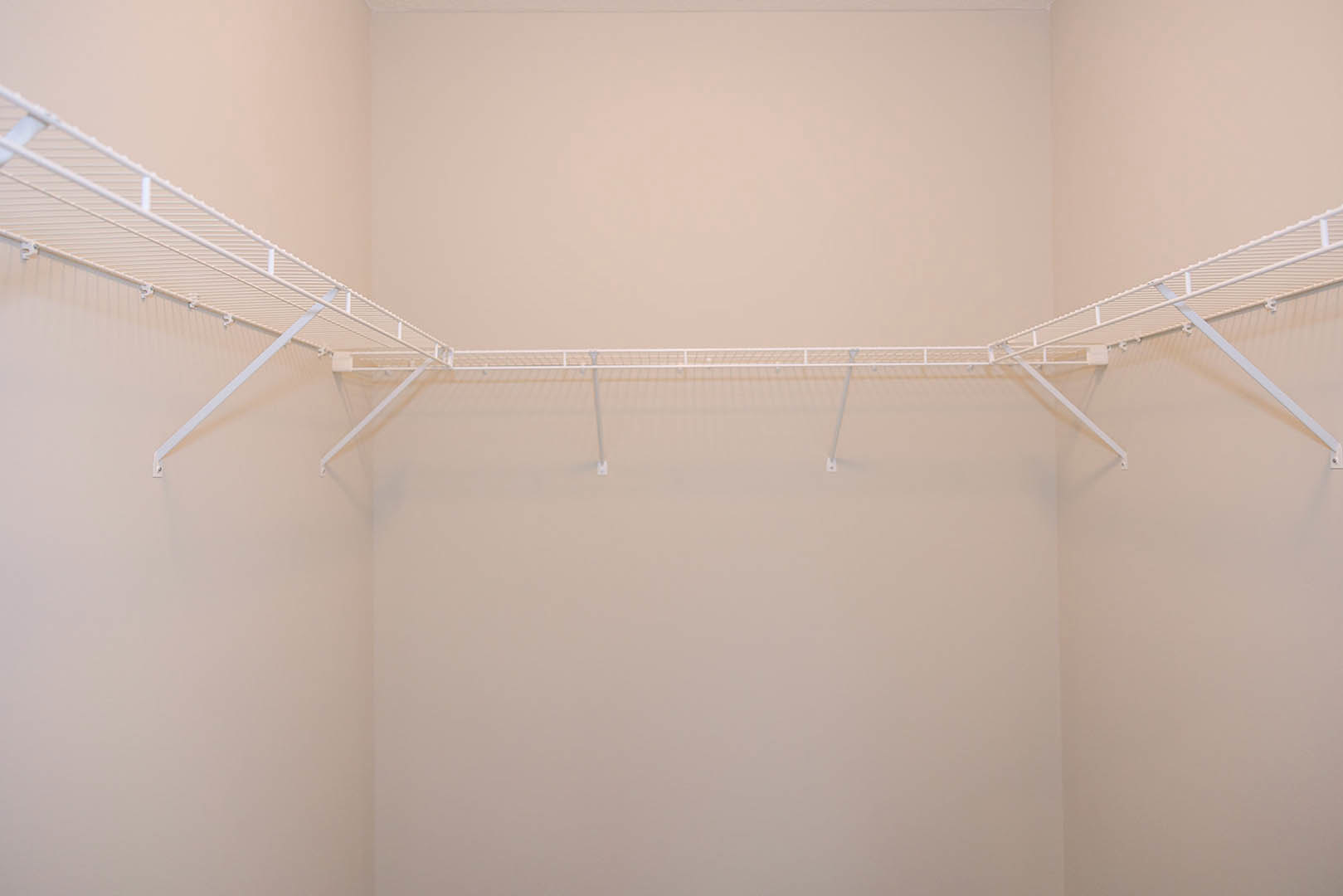 White floating shelf with metal hooks mounted on a white wall, black trim visible along the baseboard, ceiling and adjacent surfaces in view.