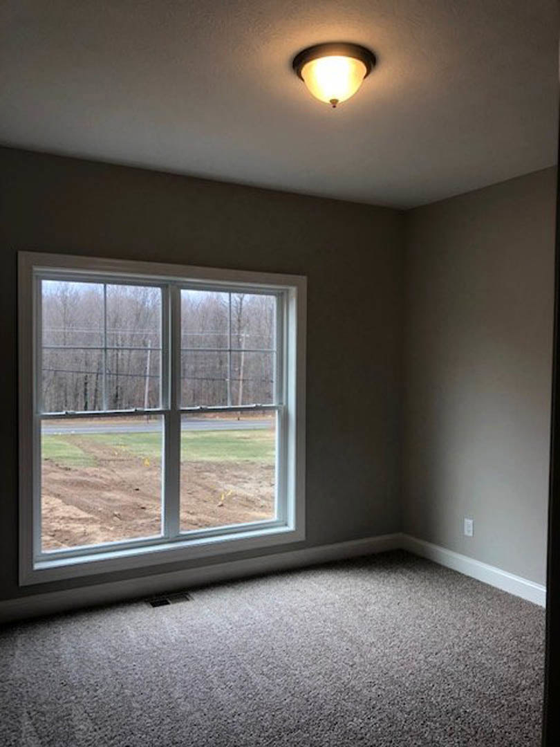 Neutral-toned room featuring a large window with views of a grassy field and trees, carpeted flooring, white walls, ceiling light fixture, and window blinds.