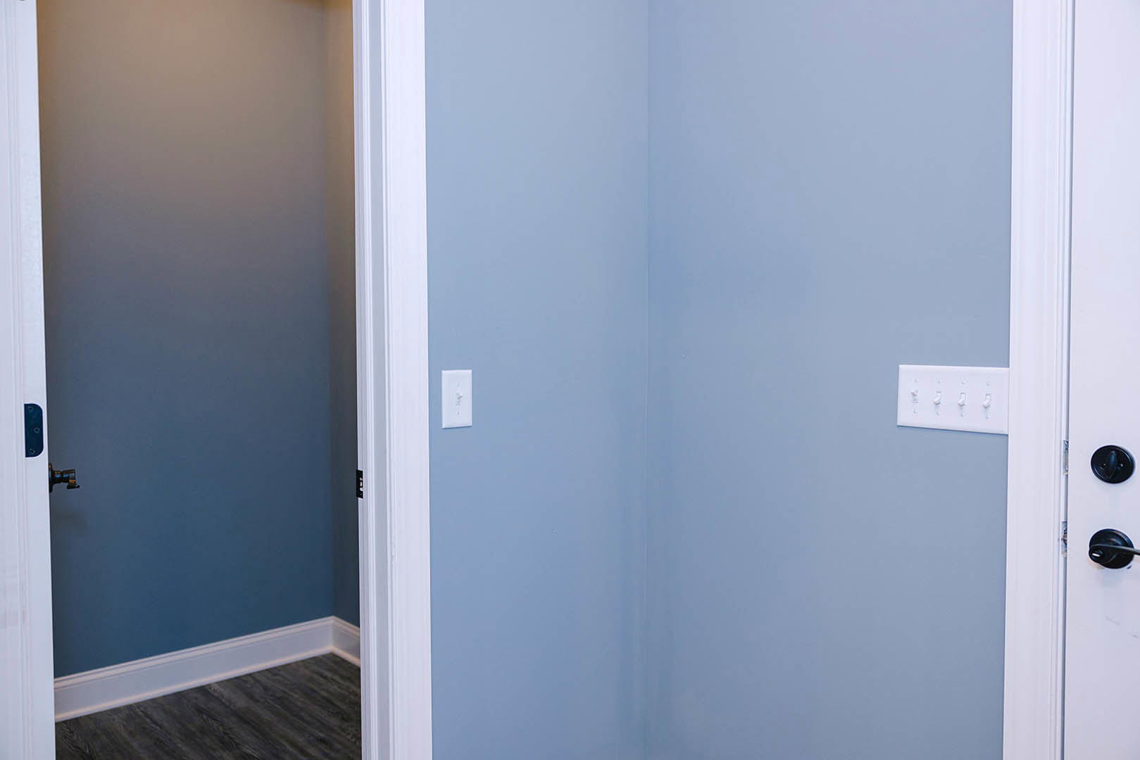 White door with silver handle set in a neutral wall, adjacent to a white light switch with knobs, wood flooring visible in foreground