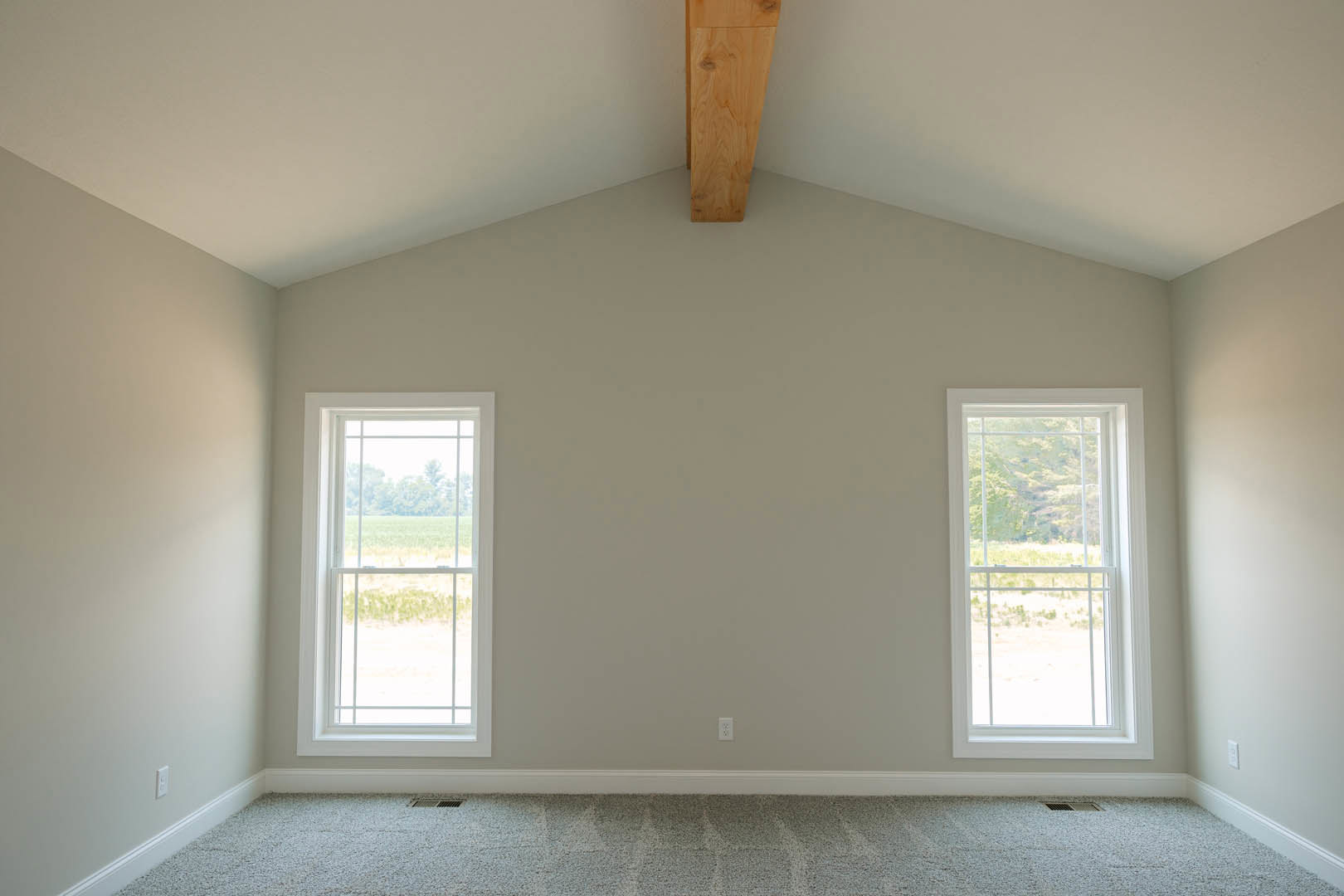 Bright room with two large windows, white plaster walls, light carpet flooring, wooden trim and molding, and a wooden furniture leg visible in the corner.