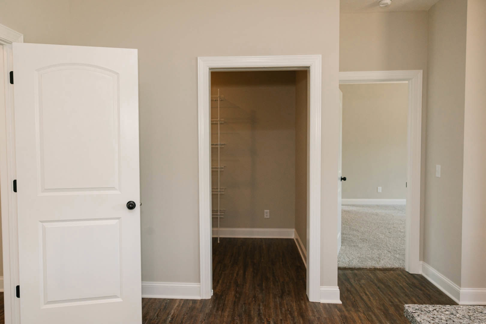 White paneled door with black hardware opens to a carpeted room featuring a built-in closet; hallway visible beyond, walls painted light neutral.