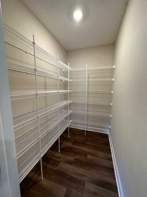 Empty walk-in closet with white shelves, wood flooring, white walls, and recessed ceiling light