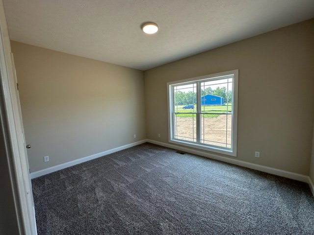 Neutral-toned carpeted room with white plaster walls, large window, and simple baseboards