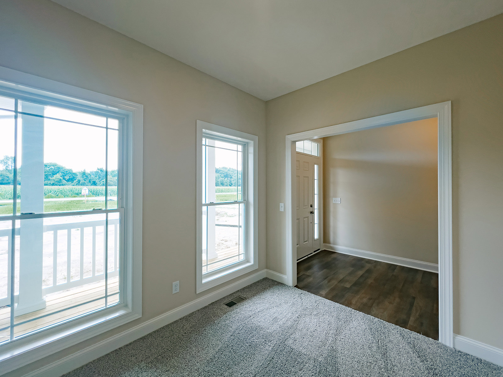 Bright room featuring large windows with views of a fenced field, white railing, grey carpet, hardwood floor, and a single door.