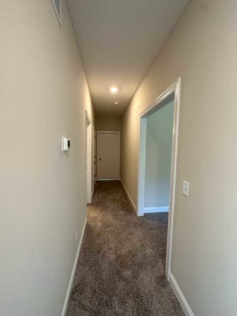 Hallway with light-colored carpet, white walls, white door with black handle, white door frame, ceiling light fixture, and wall-mounted light switch