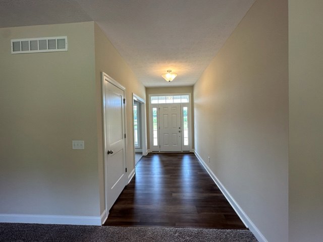 Hallway featuring white paneled doors, dark wood flooring, and smooth plaster walls